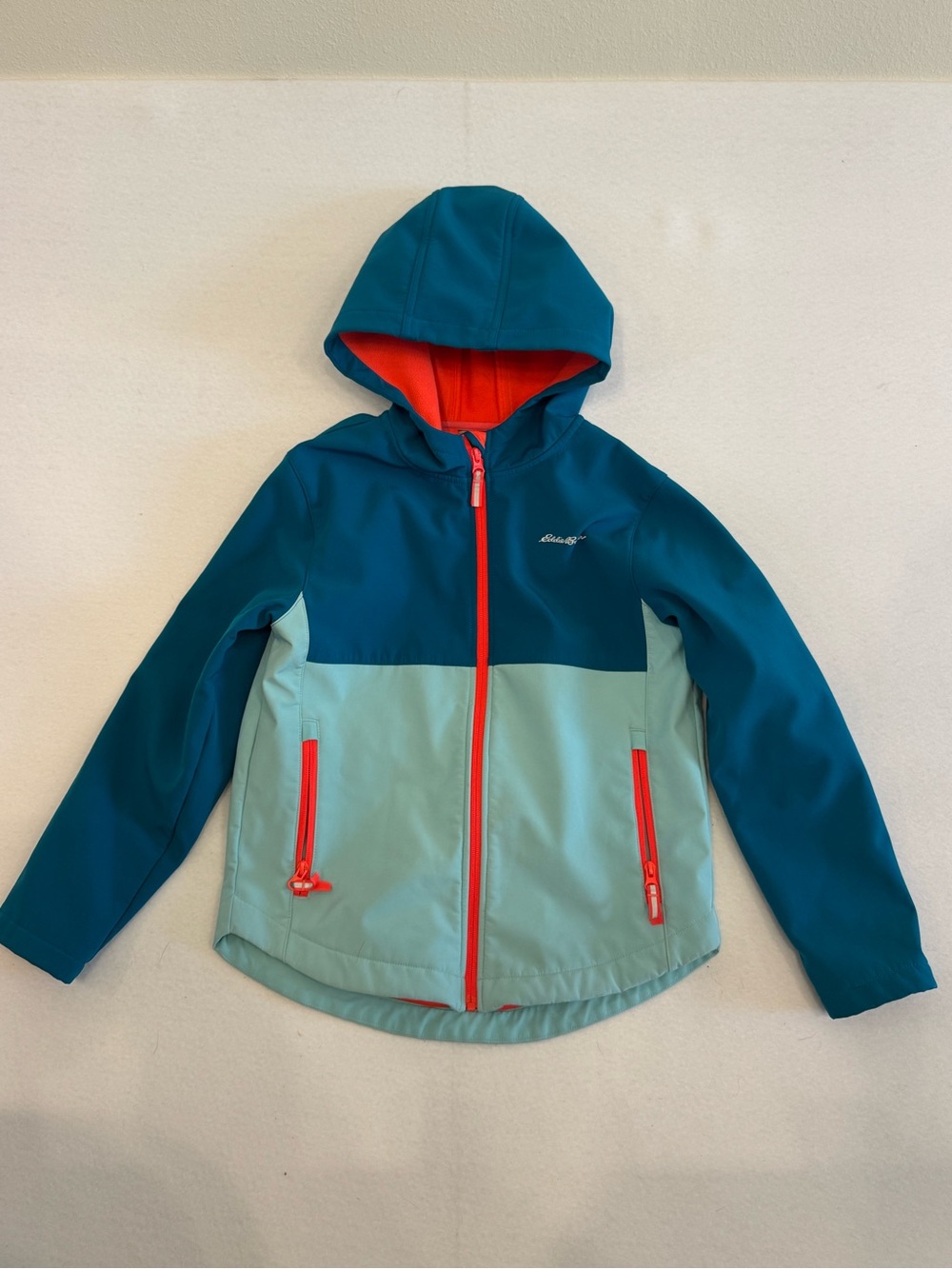 Eddie Bauer Two-Tone Teal & Light Blue Hooded Jacket with Coral Accents